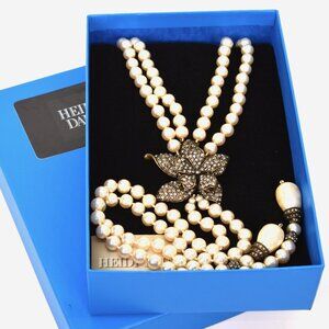 Heidi Daus Faux Pearl Necklace w Floral Crystal Enhancer Lariat Style Drops NEW